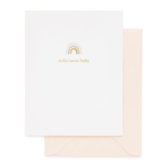 white card with hello sweet baby text and rainbow, pale pink envelope