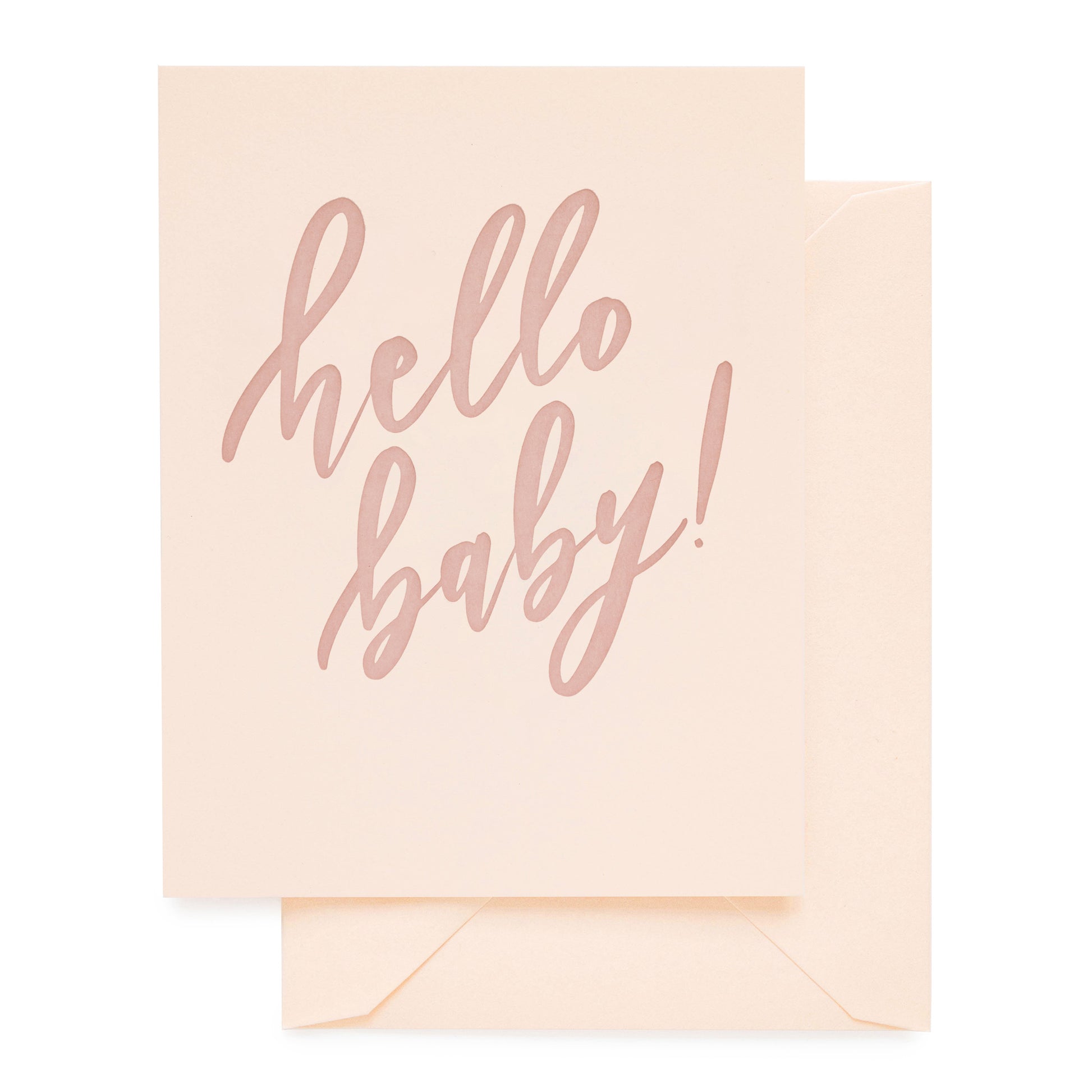 pale pink card with rose hello baby! text