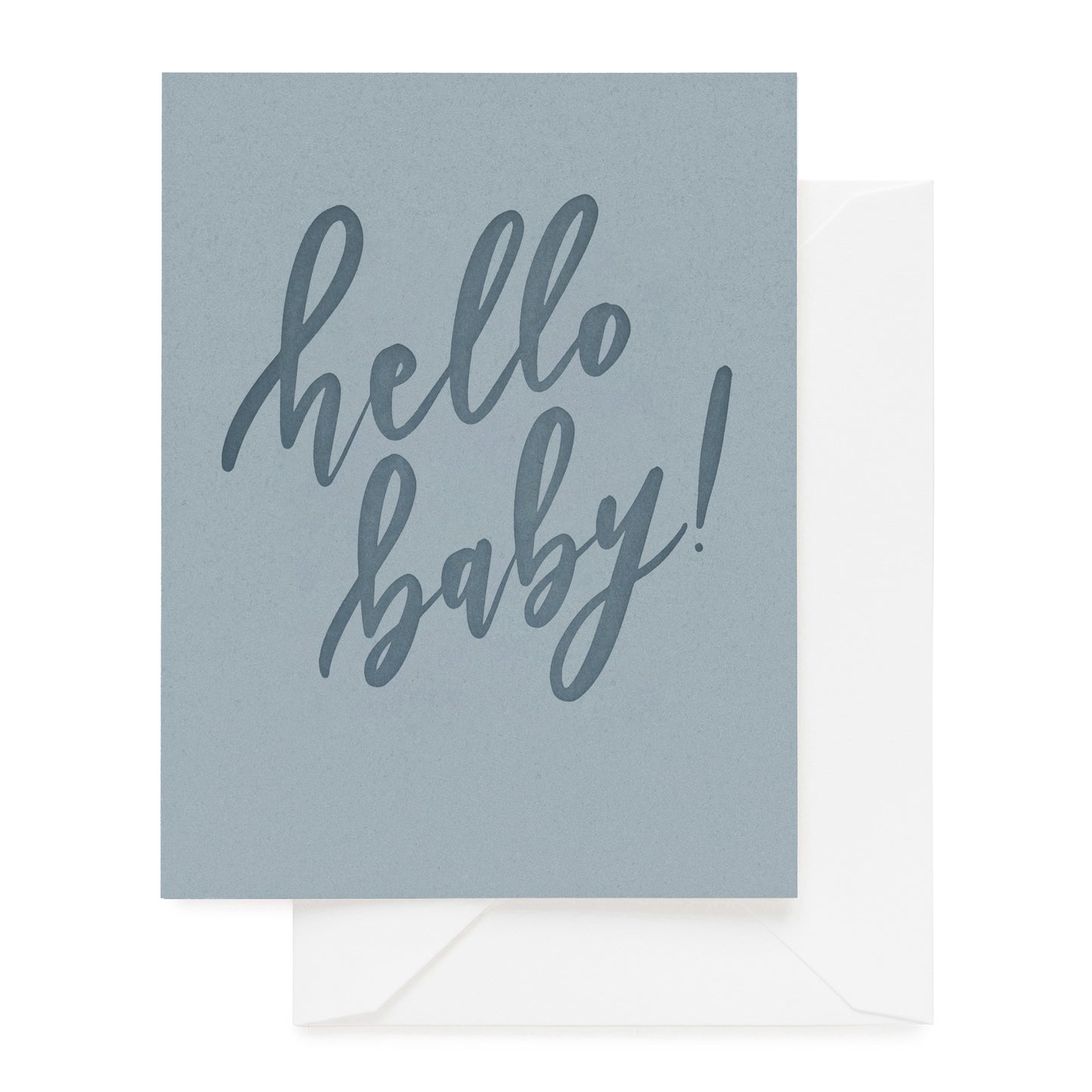 Slate blue card letterpress printed with hello baby in blue