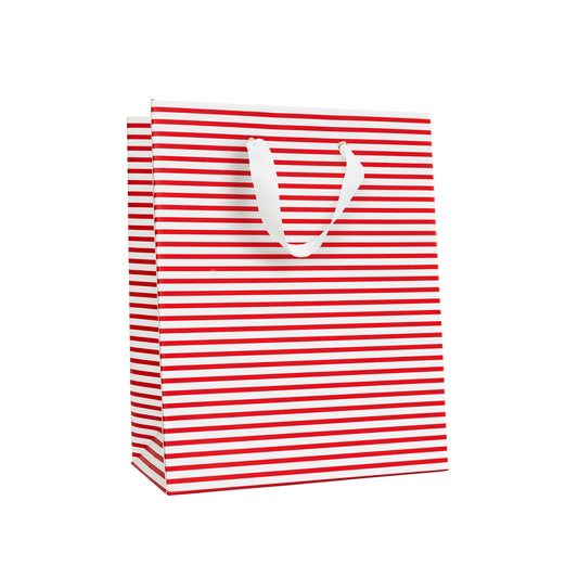 Red and white stripe gift bag with white grosgrain ribbon handles