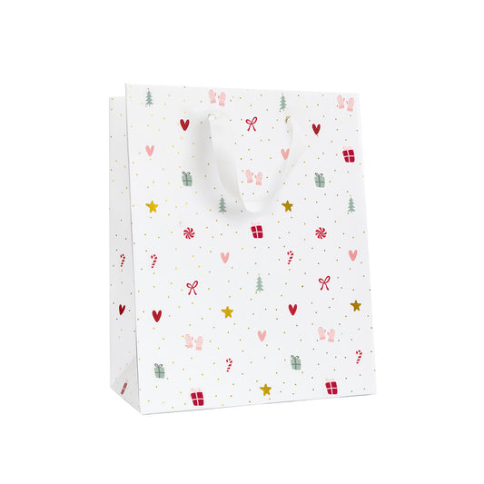 Multicolor Holiday Icon Gift Bag with White Ribbon Handles