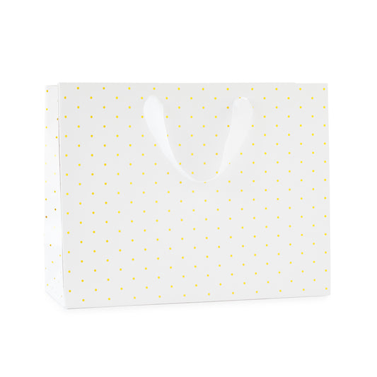 large white gift bag with white ribbon handles with gold foil dot pattern