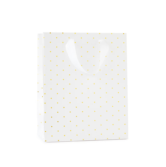 small white gift bag with white ribbon handles with gold foil dot pattern