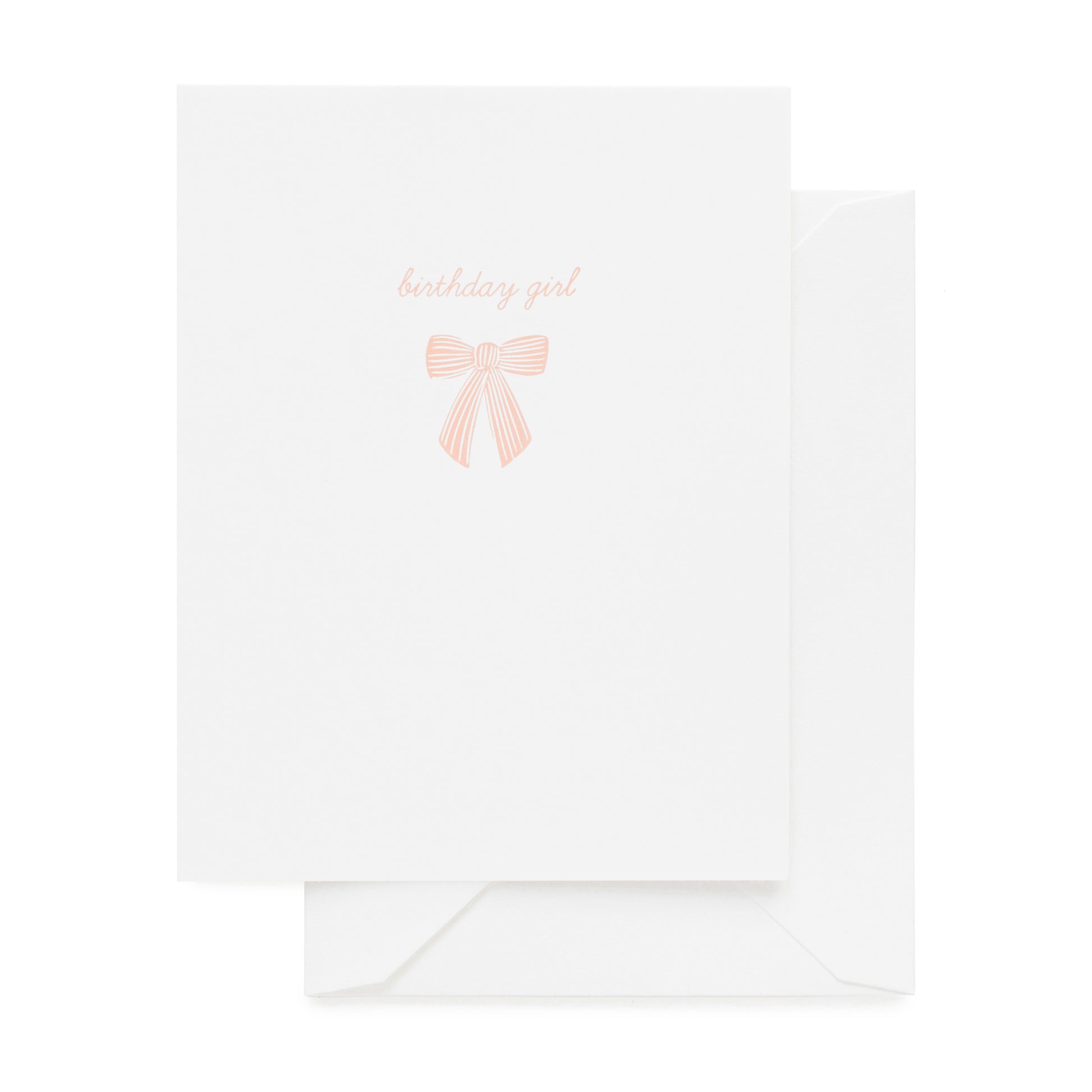 Pale pink printed birthday girl with a pink bow on white card