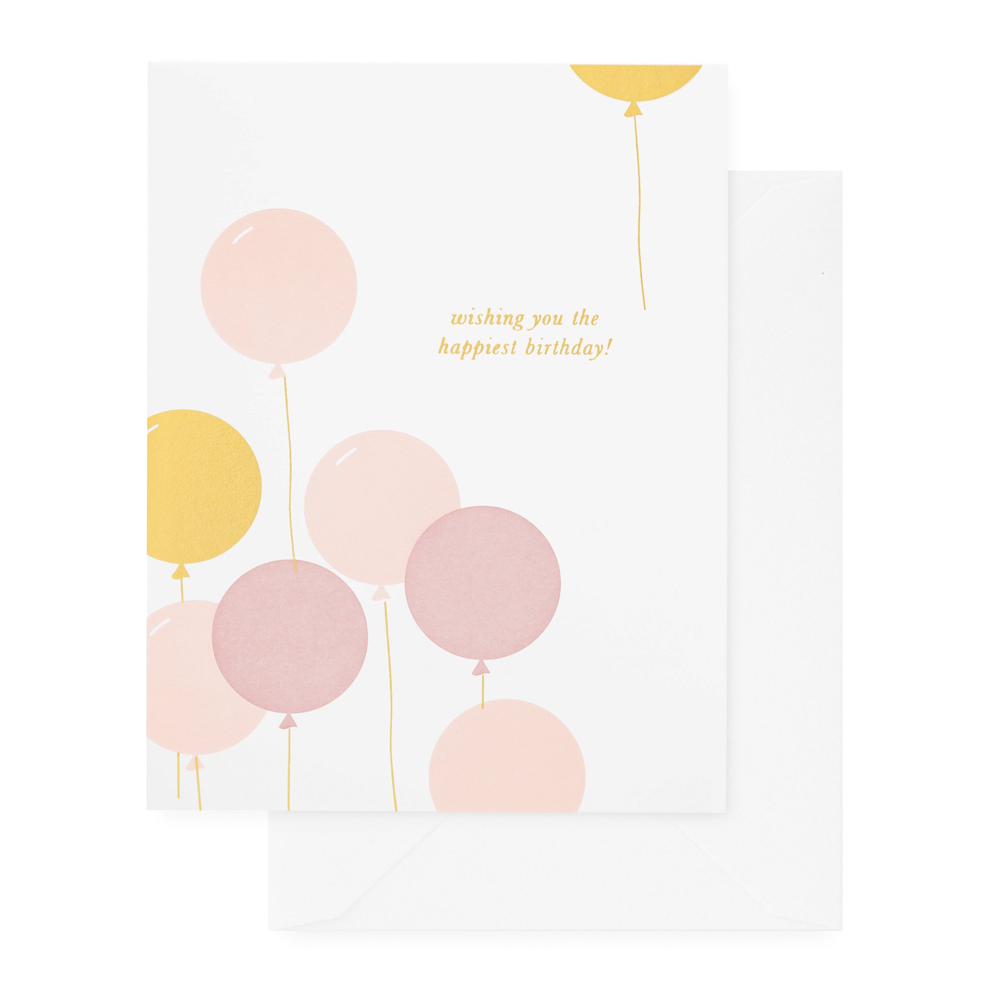 Pink and gold foil birthday balloons card printed with wishing you the happiest birthday
