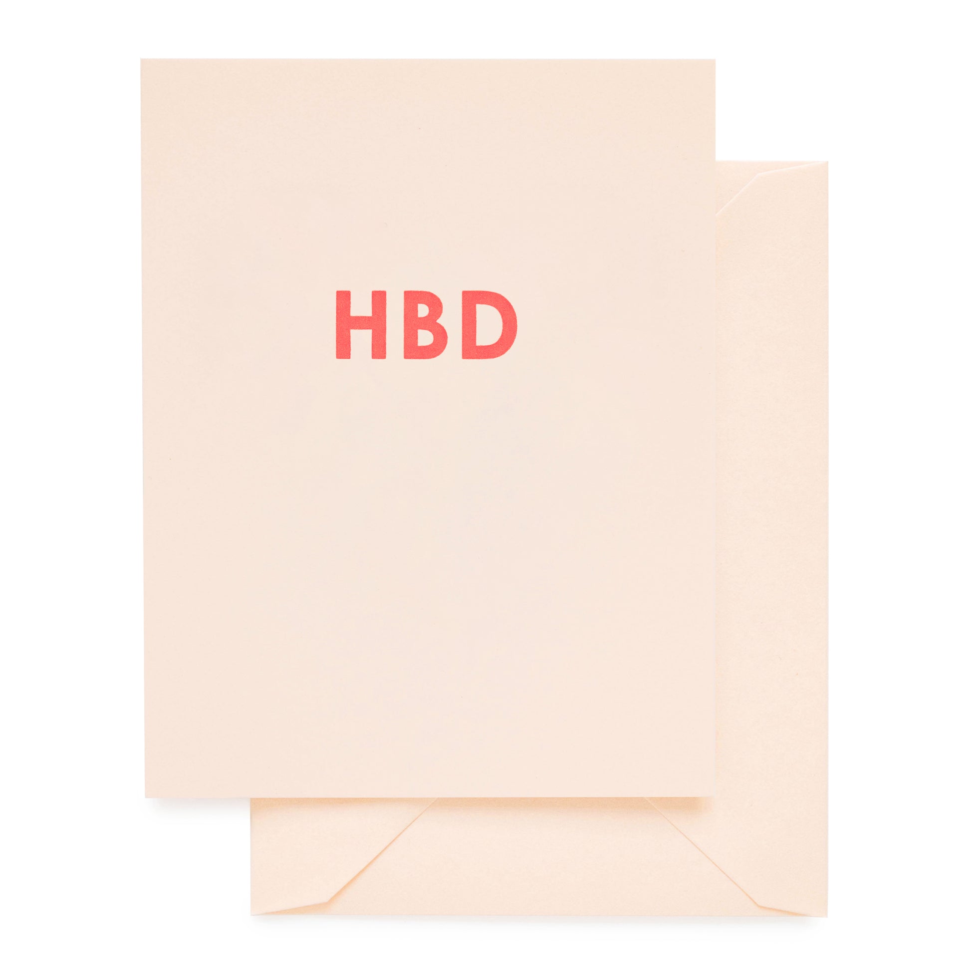 Pale pink birthday card printed with HBD in neon ink