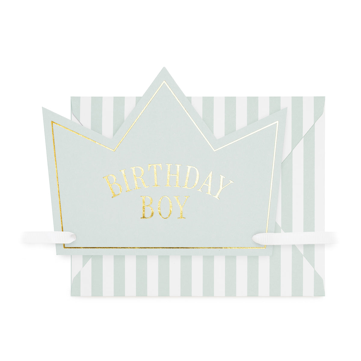 Blue paper crown card printed with 'birthday boy' in gold foil with white grosgrain ribbon paired with a blue and white striped envelope