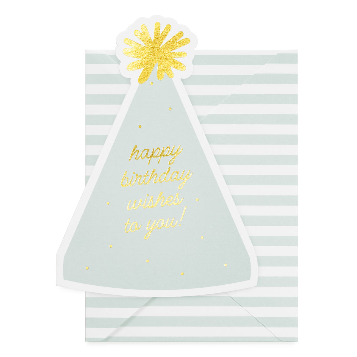 Pale blue party hat diecut birthday card with gold foil details and printed with 'happy birthday wishes to you' in gold foil paired with a blue and white striped envelope