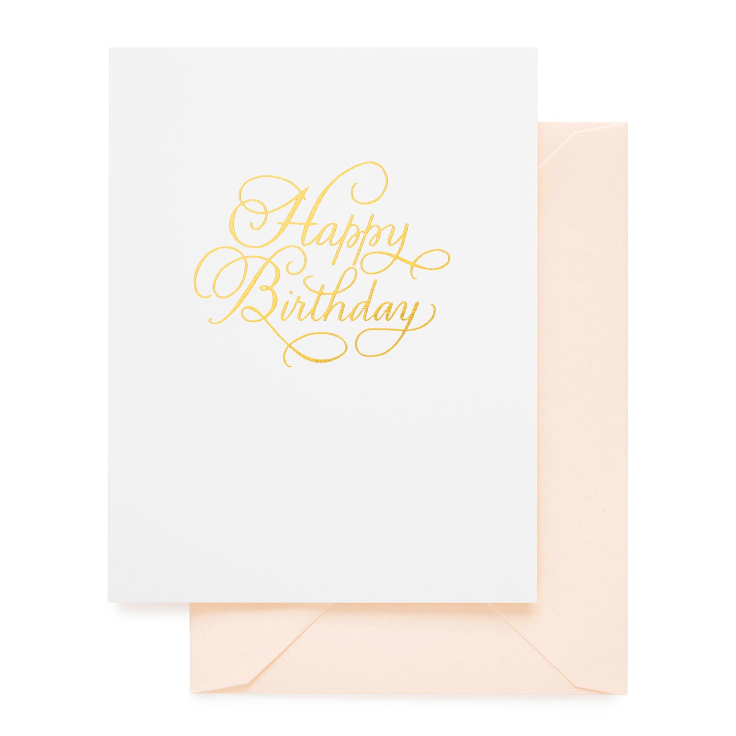 white happy birthday card with gold foil happy birthday in calligraphy paired with a pink envelope
