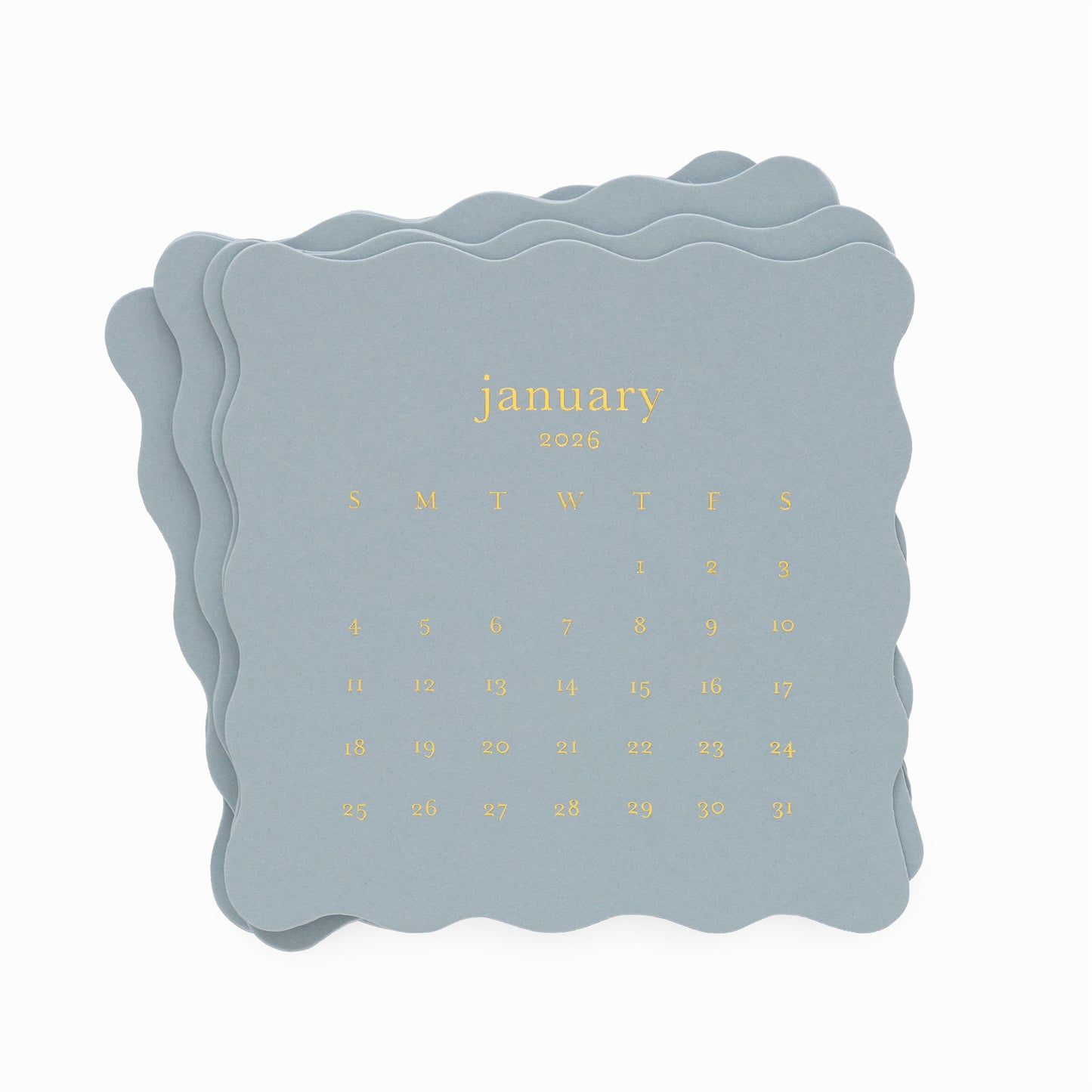 Slate blue scalloped edge calendar cards with gold foil printed january 2026 calendar