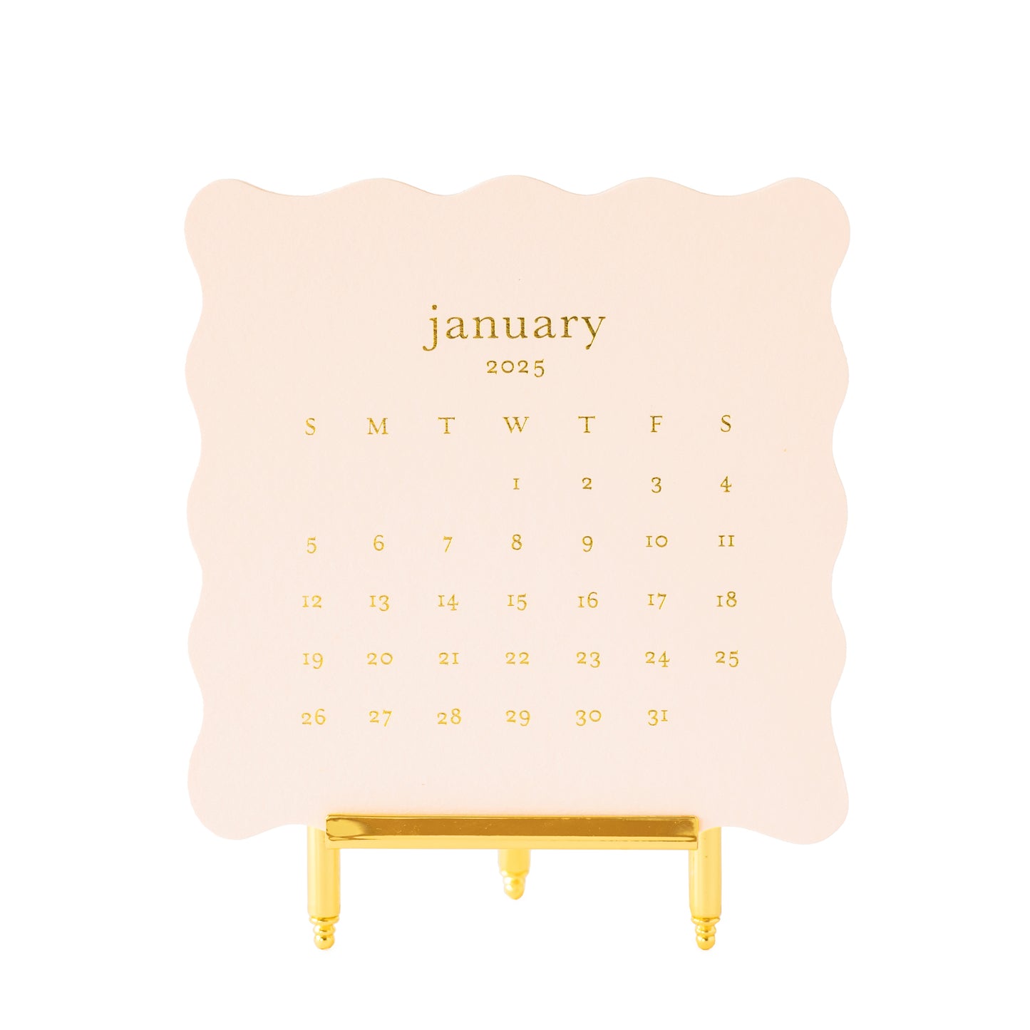 pink scallop die cut desk calendar month card on brass stand
