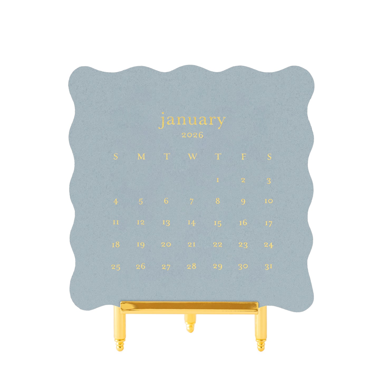 Slate blue scalloped edge calendar cards with gold foil printed january 2026 calendar