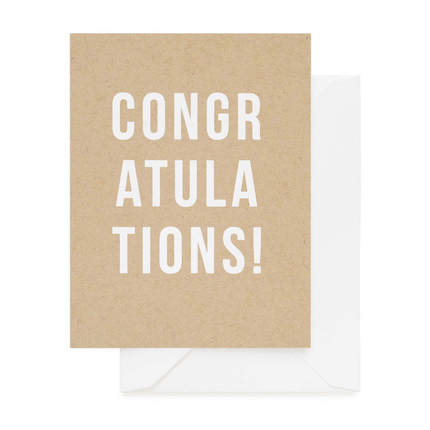 Kraft card printed with 'congratulations' in bold white foil paired with a white envelope