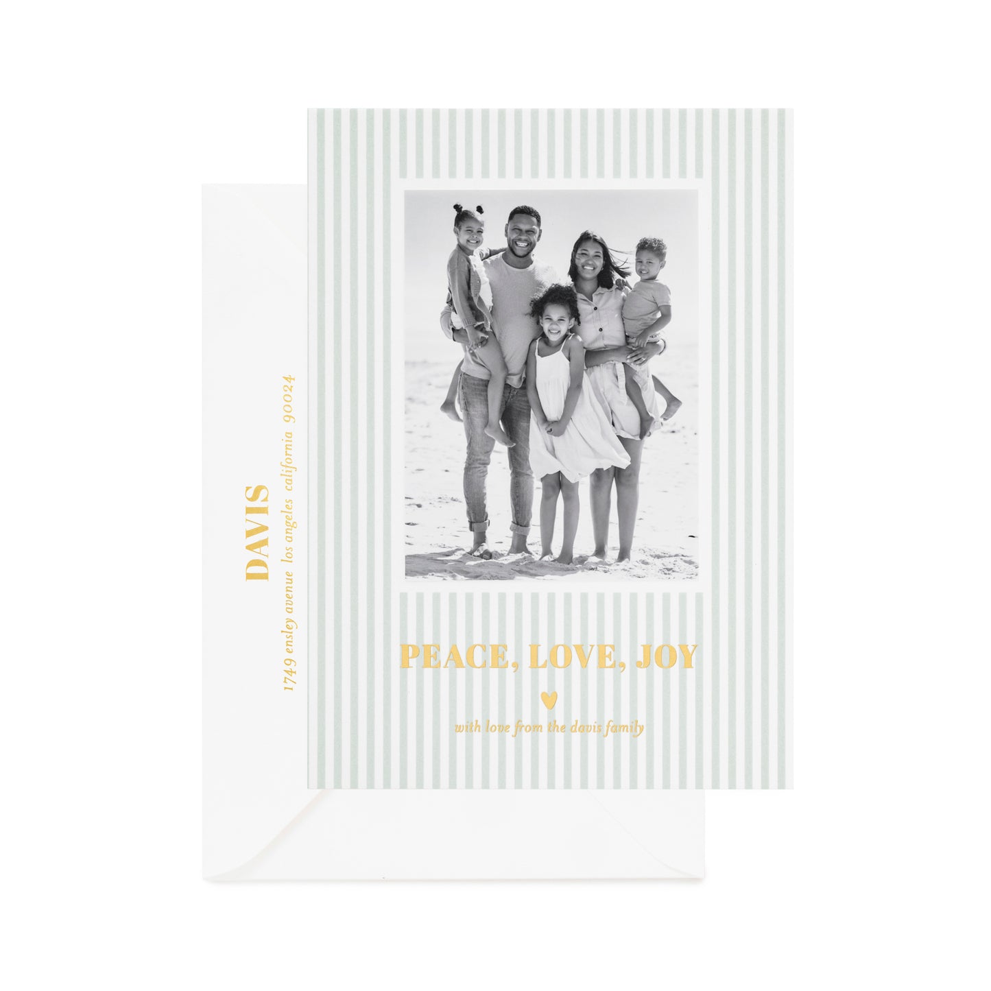 Green stripe custom holiday photo card with gold foil