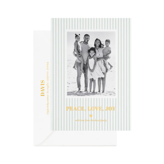 Green stripe custom holiday photo card with gold foil