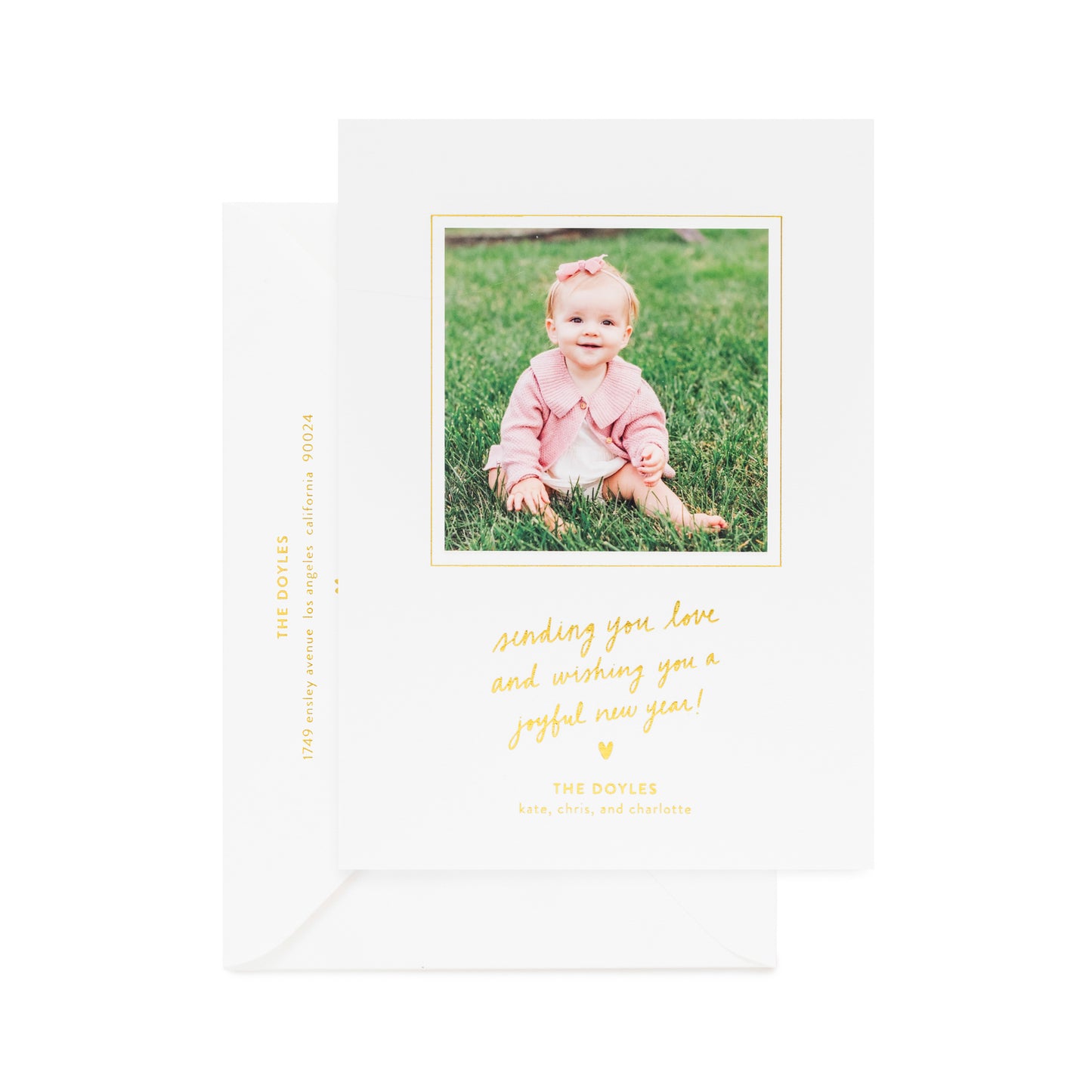 white custom holiday card with photo and gold foil details