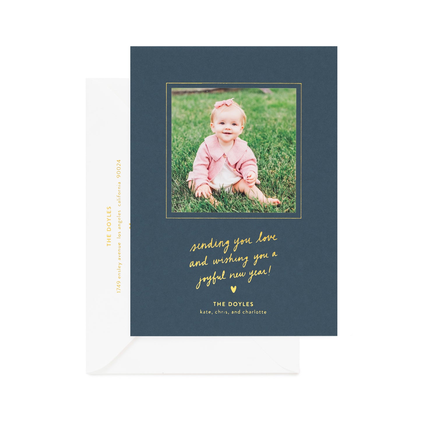 marina blue custom holiday card with photo and gold foil details