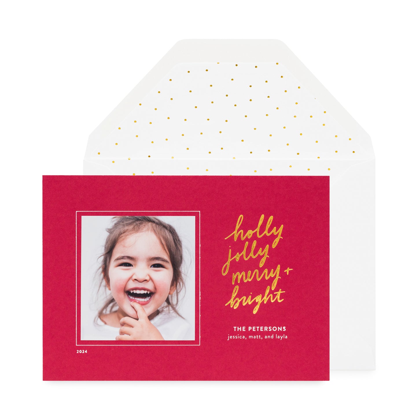 red custom holiday card with gold and white foil details and gold dot liner