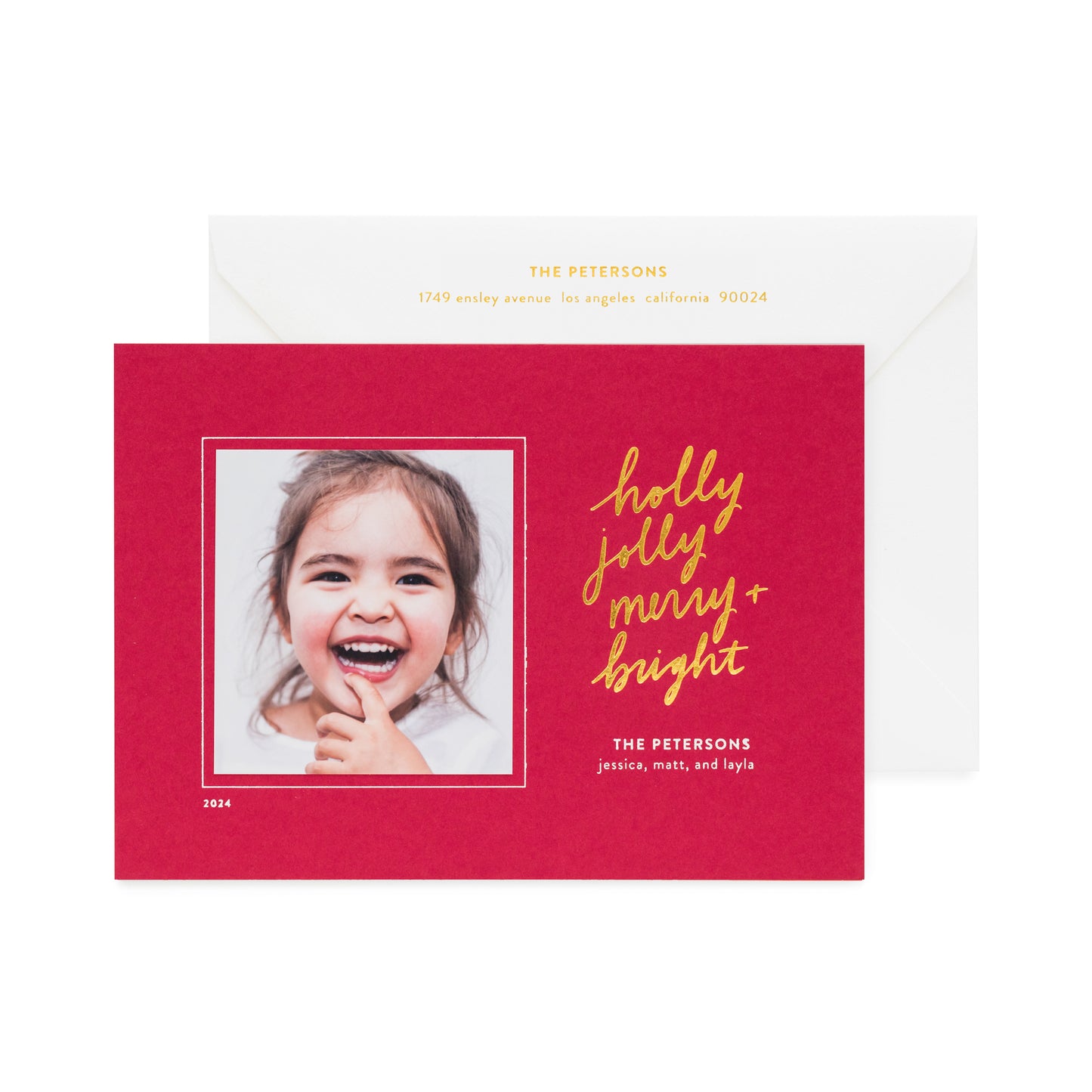 red custom holiday card with photo and gold and white foil details