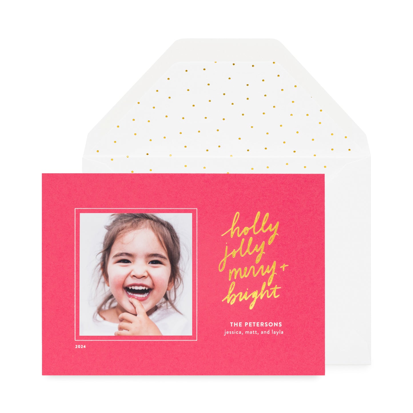 hot pink custom holiday card with gold and white foil details and dot liner