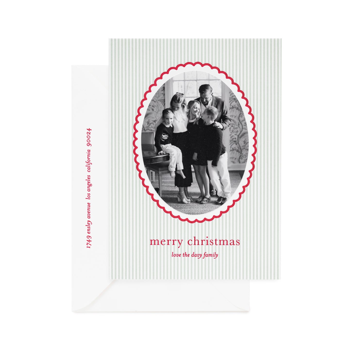 green and red holiday card with red scallop detail