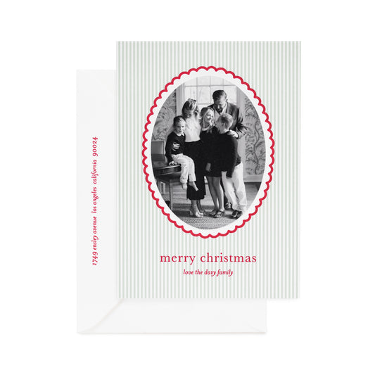 green and red holiday card with red scallop detail