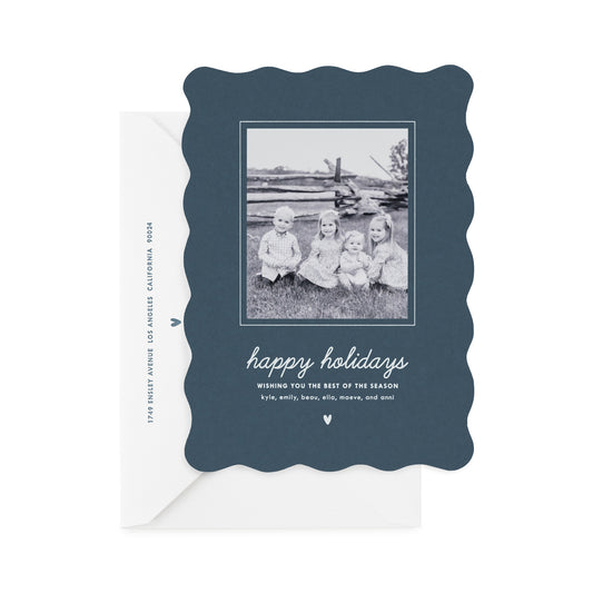 marina blue custom holiday card with white foil details and photo