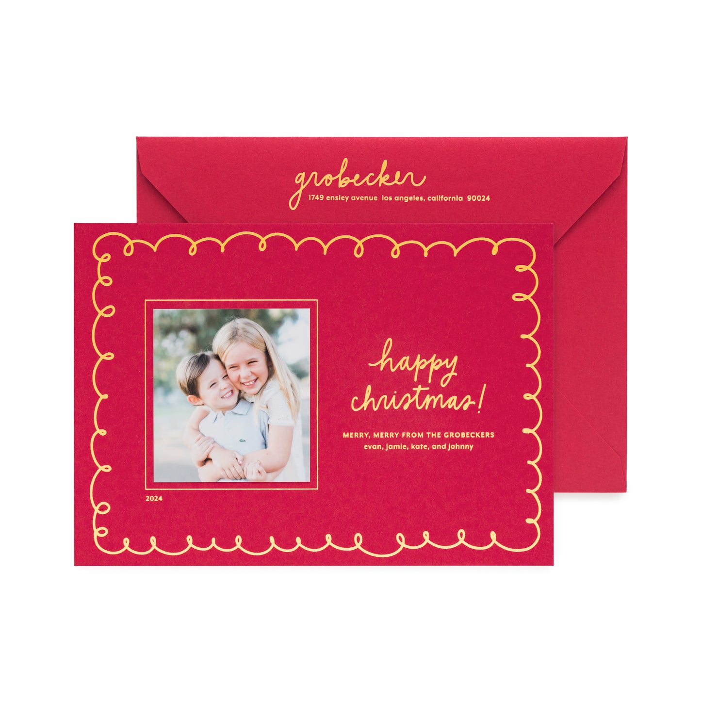 red custom holiday card with gold foil details