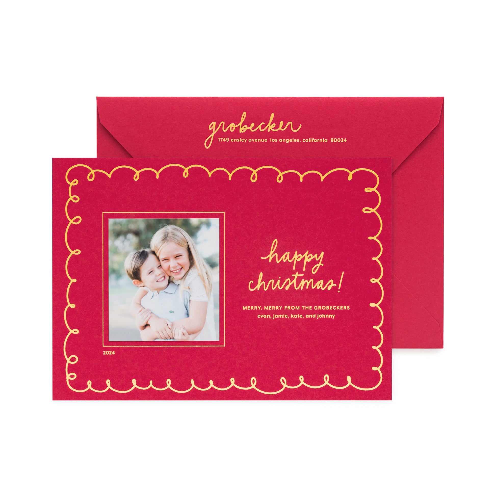red custom holiday card with gold foil details
