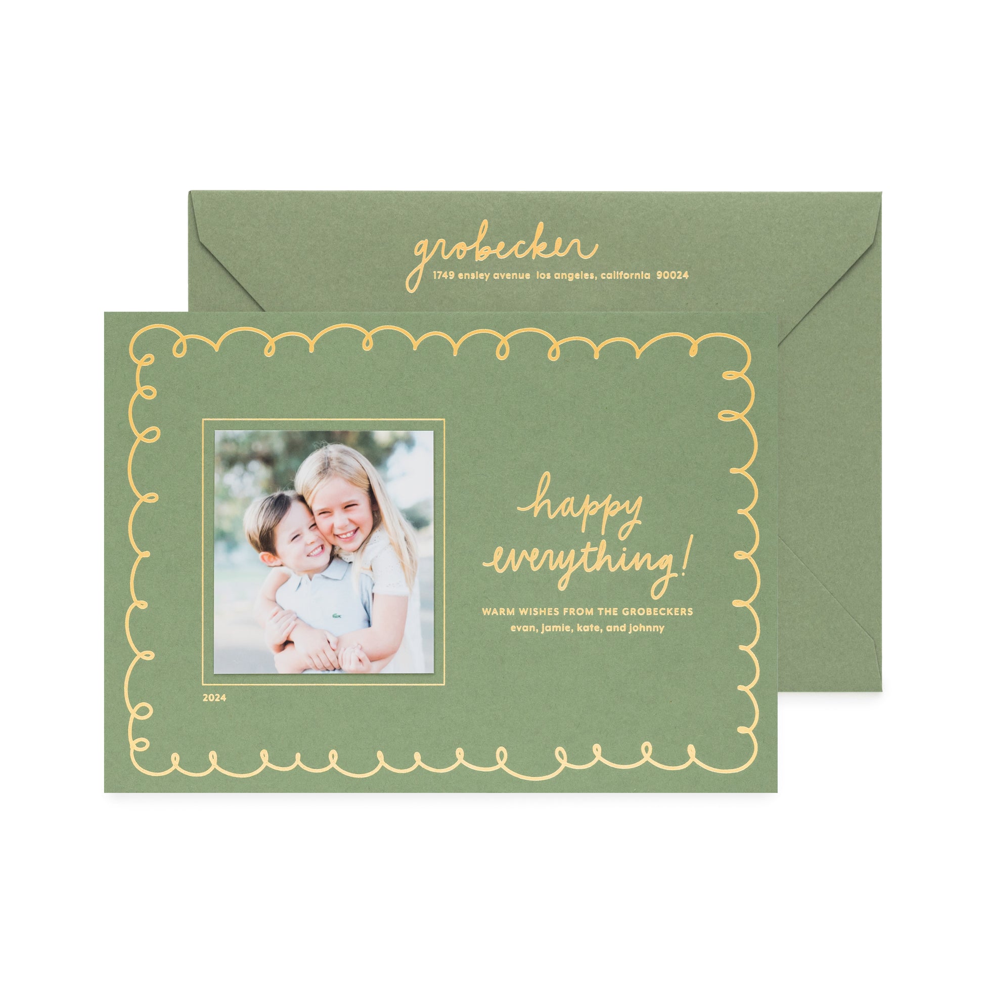 moss green holiday photo card printed with happy everything in gold foil paired with a moss green envelope
