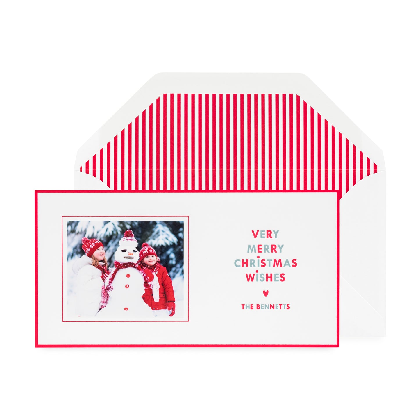 red and white custom holiday card with photo and striped liner
