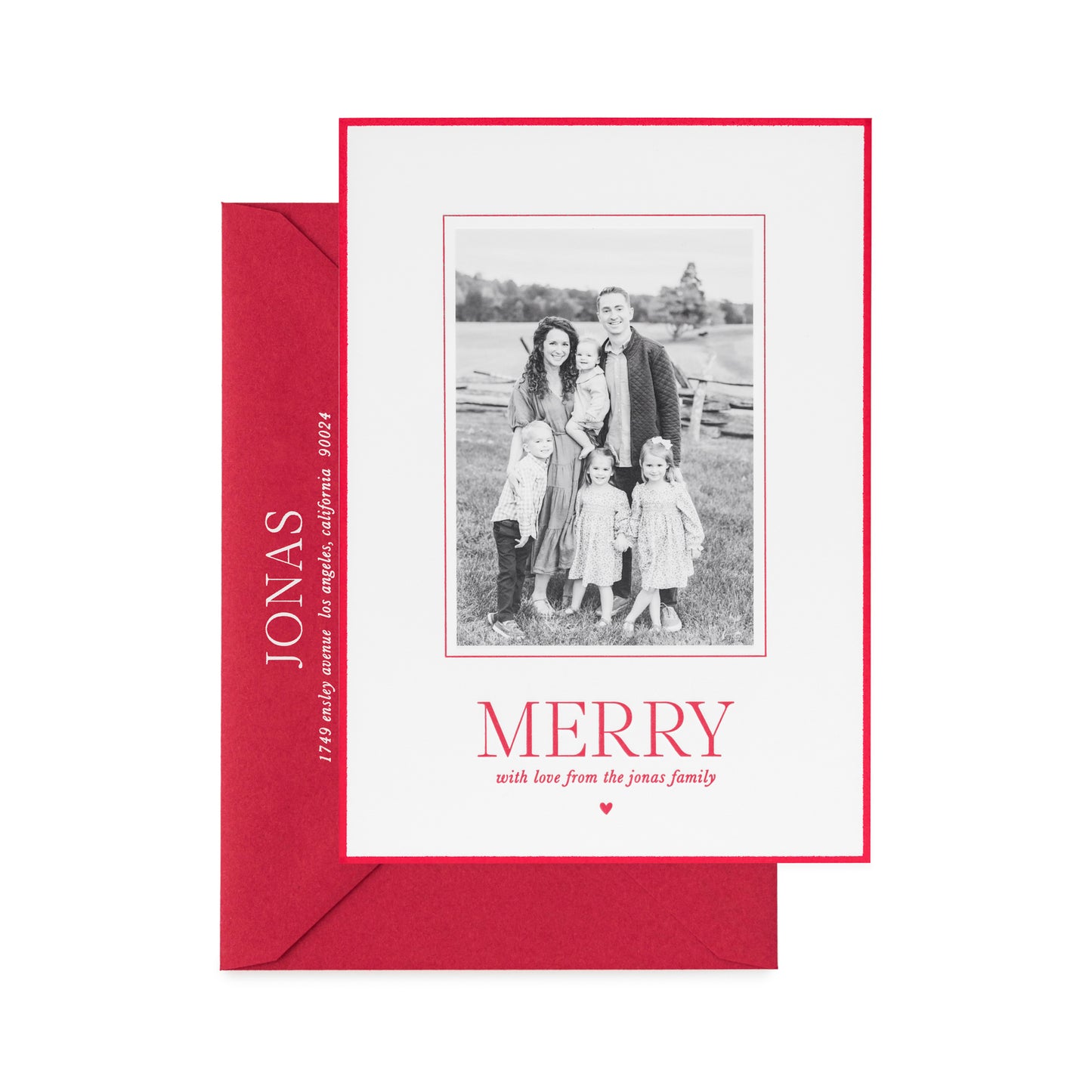 red and white custom holiday card with red envelope