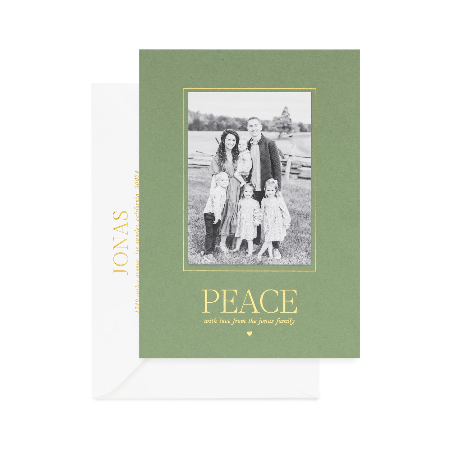 moss green holiday card with photo and gold foil details