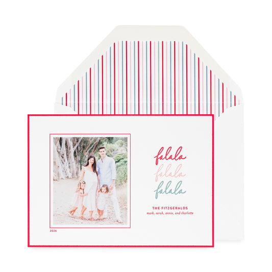 falala custom holiday card with pink red and green text and striped liner