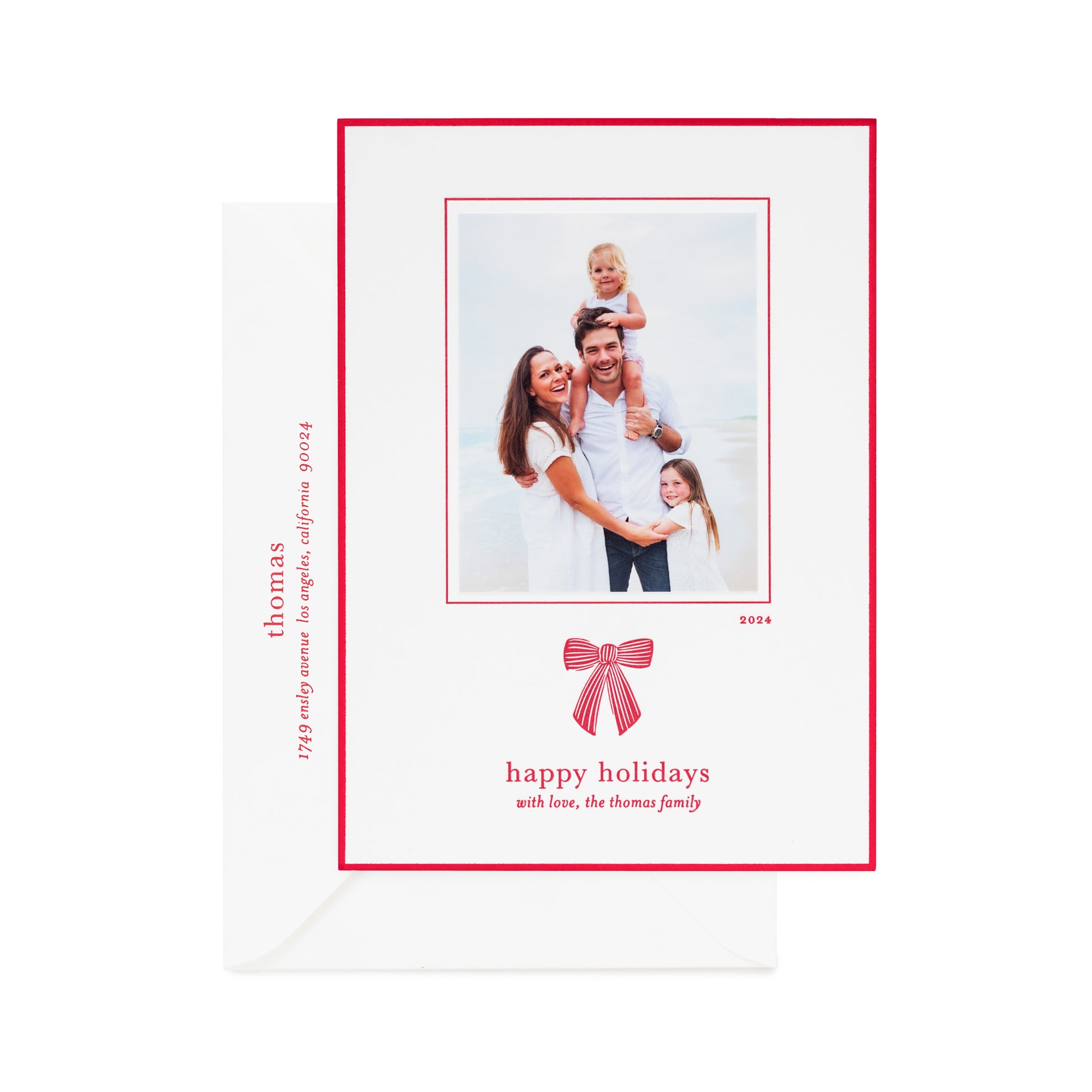 white and red custom holiday card with photo