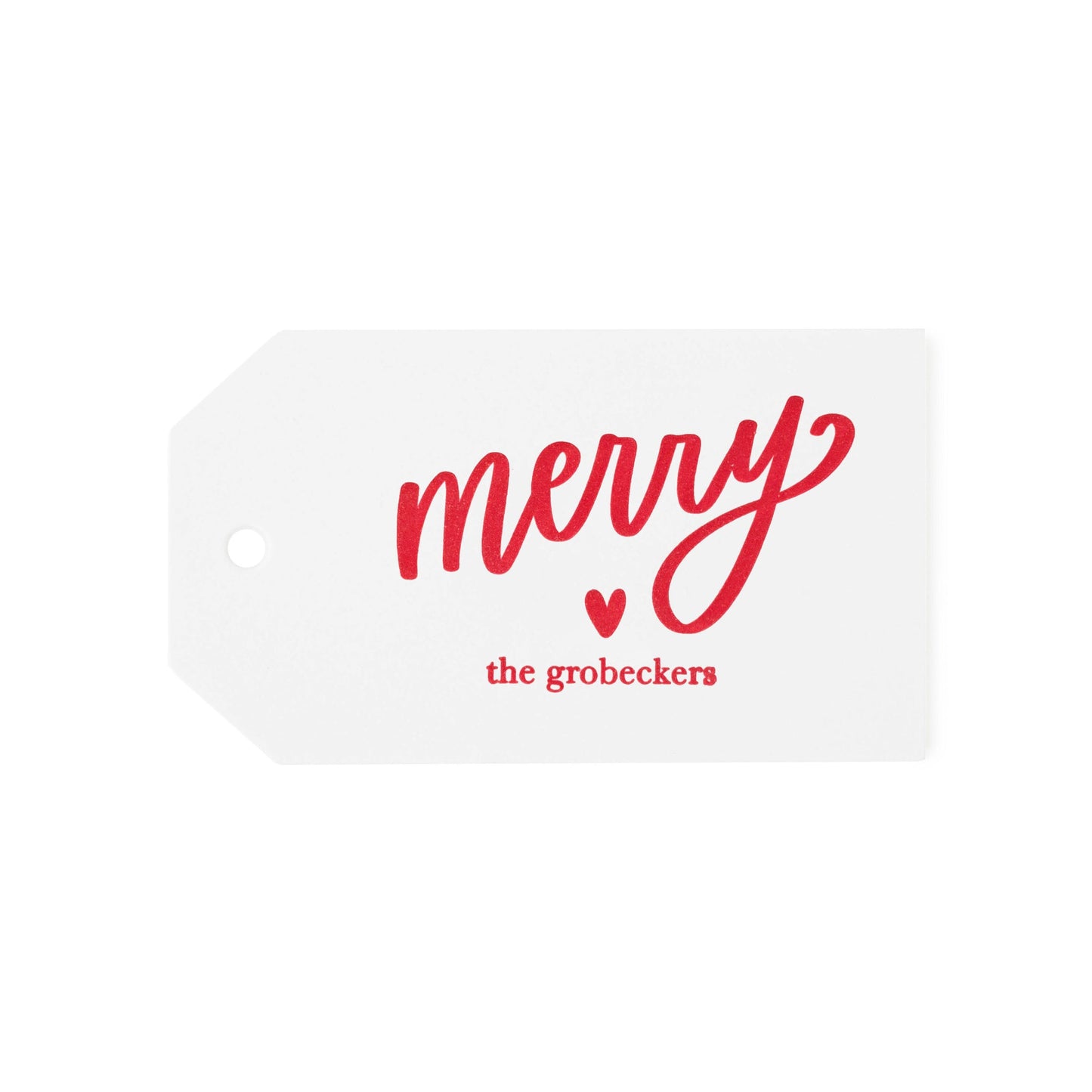 Custom Gift Tag Letterpress Printed in Red Ink with Merry and a Heart and Family Name
