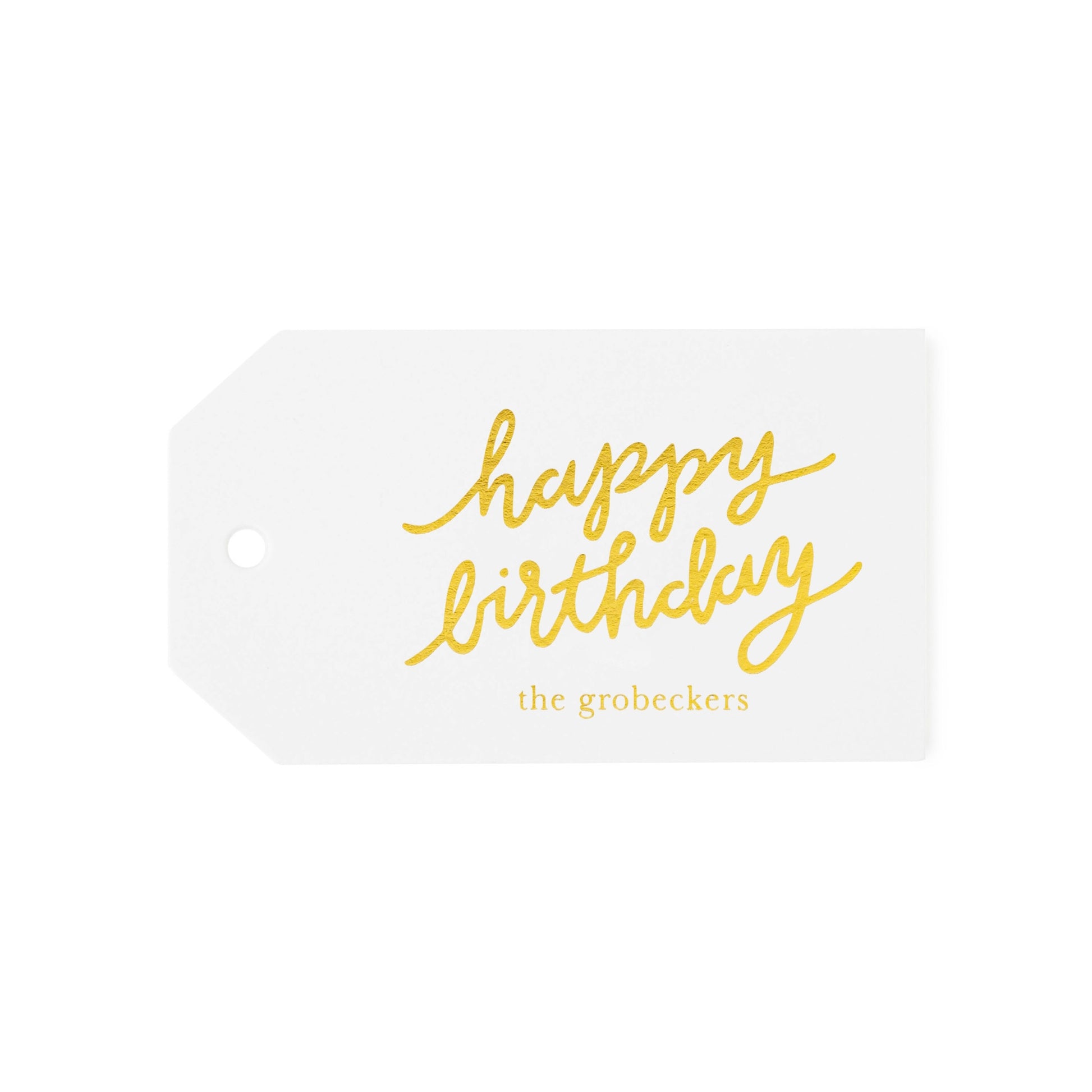 Custom Gift Tag Letterpress Printed in Gold Foil with Happy Birthday and Family Name