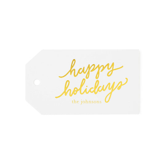 Custom Gift Tag Foil Printed in Gold Foil with Happy Holidays and Family Name