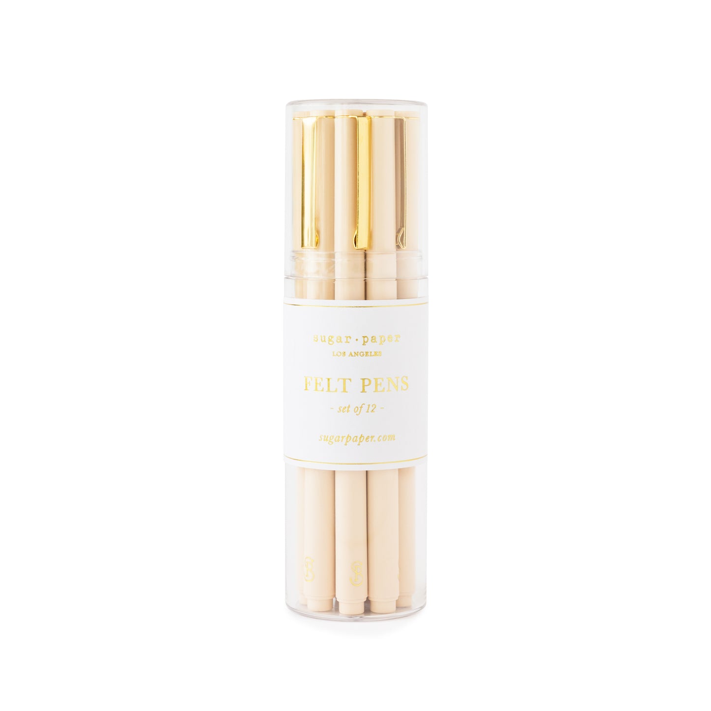 Set of 12 pale pink felt pens with gold details in a clear acrylic case