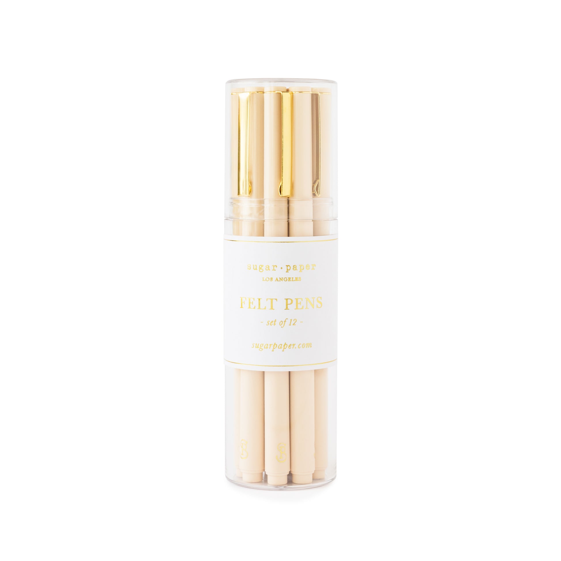 Set of 12 pale pink felt pens with gold details in a clear acrylic case