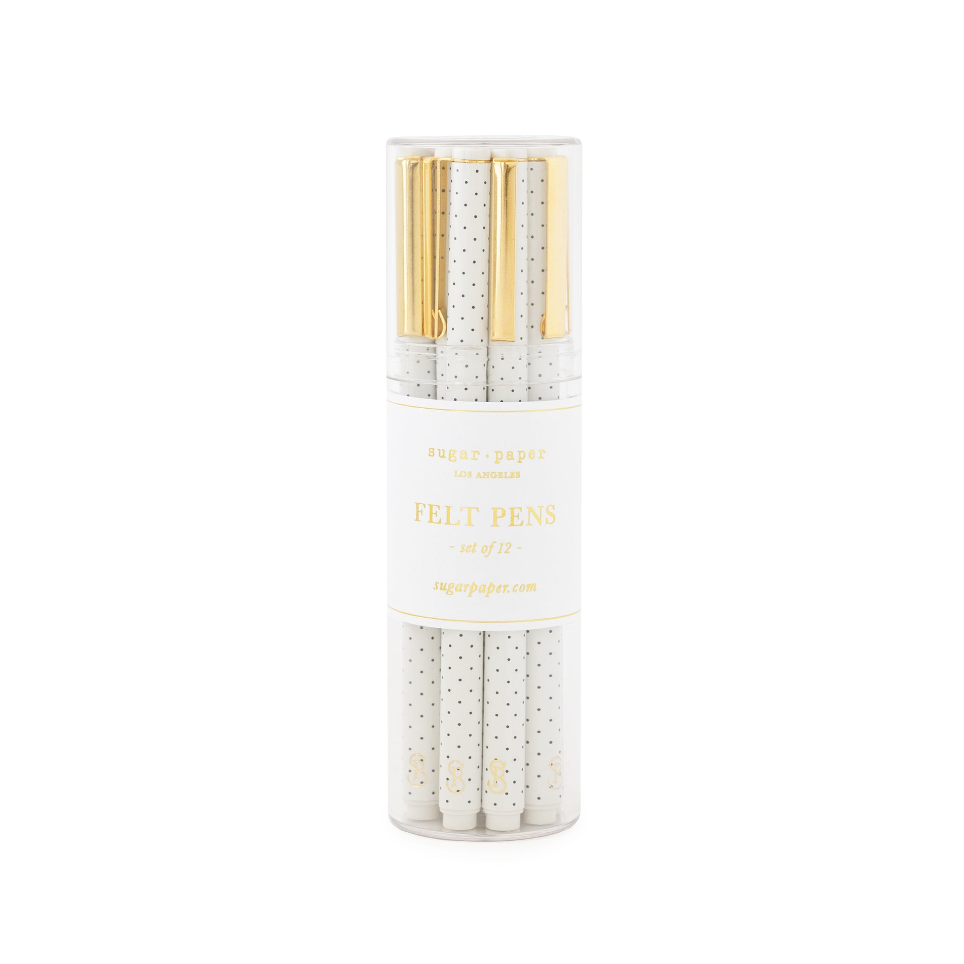 White and black pindot felt pen set with gold clips in a clear container, set of 12