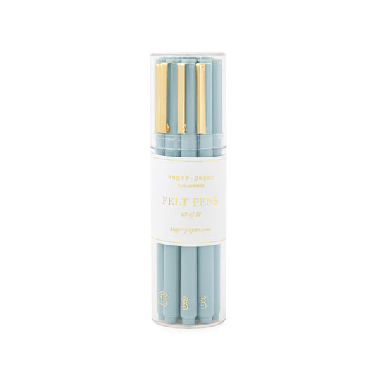 Blue plastic pen with gold clip in clear acrylic container, set of 12