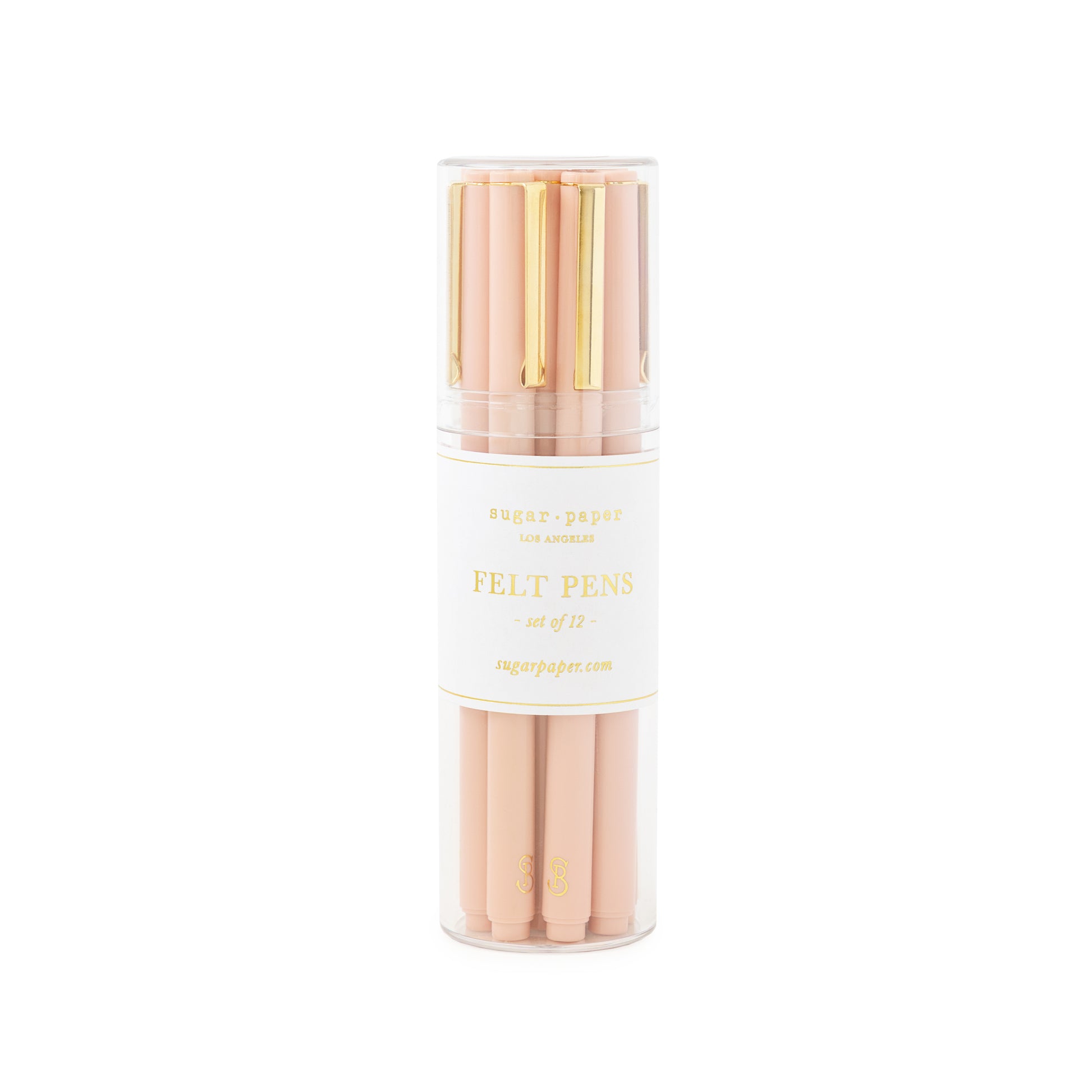 Rose pink plastic pens with gold clip in a clear acrylic holder, set of 12