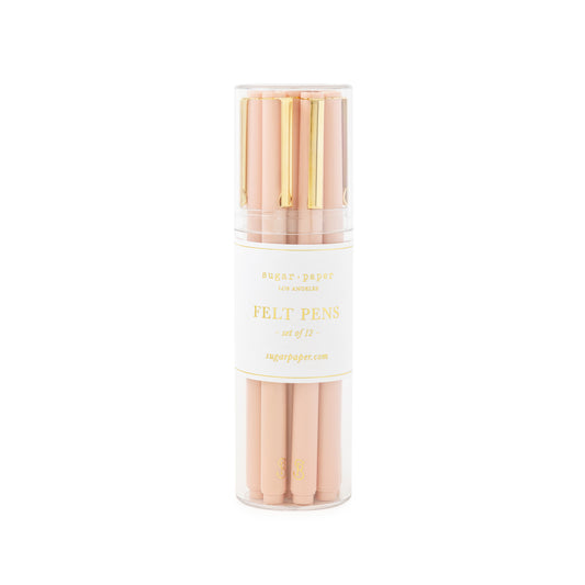 Rose pink plastic pens with gold clip in a clear acrylic holder, set of 12