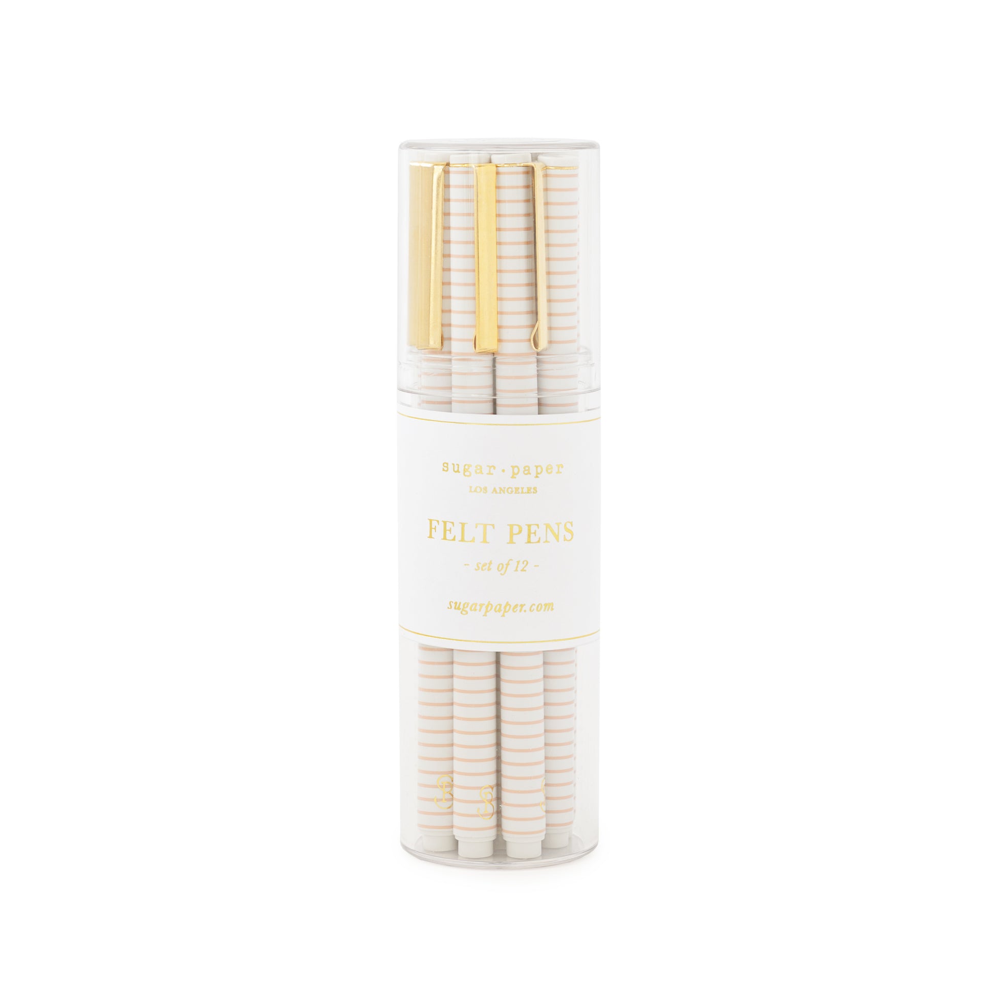 Rose and white stripe plastic pens with gold clip in a clear acrylic holder