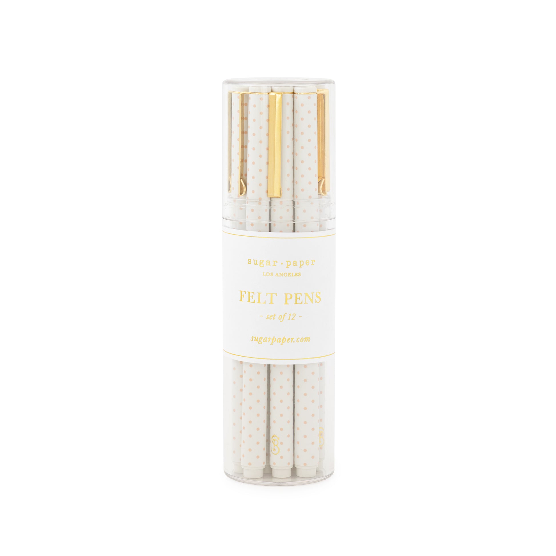 White and rose dot plastic pen with gold clip in a clear acrylic container, set of 12