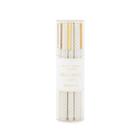 White and rose dot plastic pen with gold clip in a clear acrylic container, set of 12