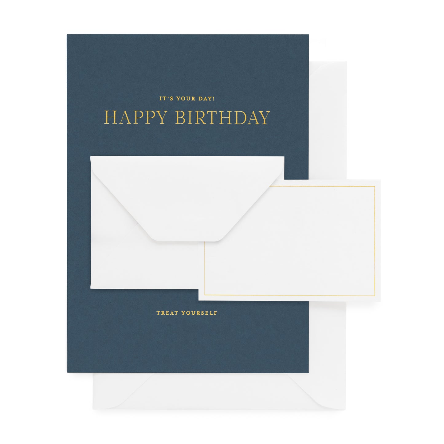 Navy birthday card with gold text 'it's your day! happy birthday treat yourself' with a small white envelope adhered to it and paired with a white envelope