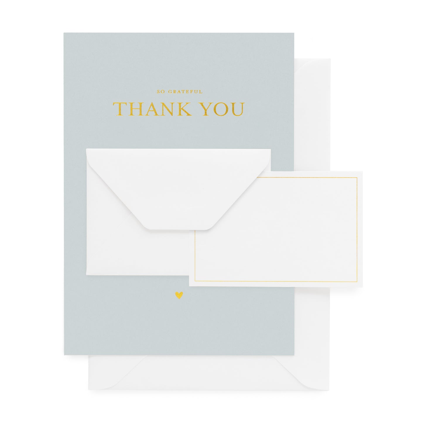 Pale blue card foil printed with 'so grateful thank you' with a mini enclosure card and envelope paired with a white envelope