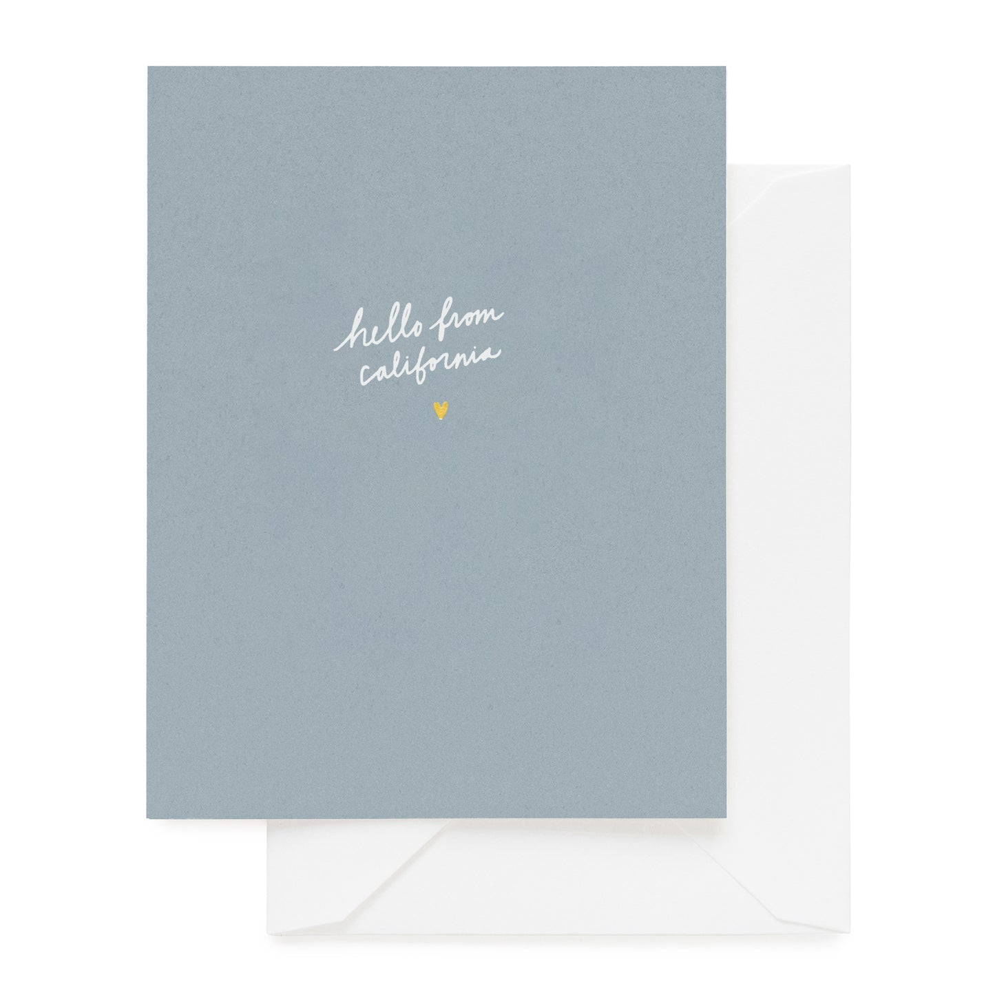 Slate blue card foil printed with hello from california and gold heart